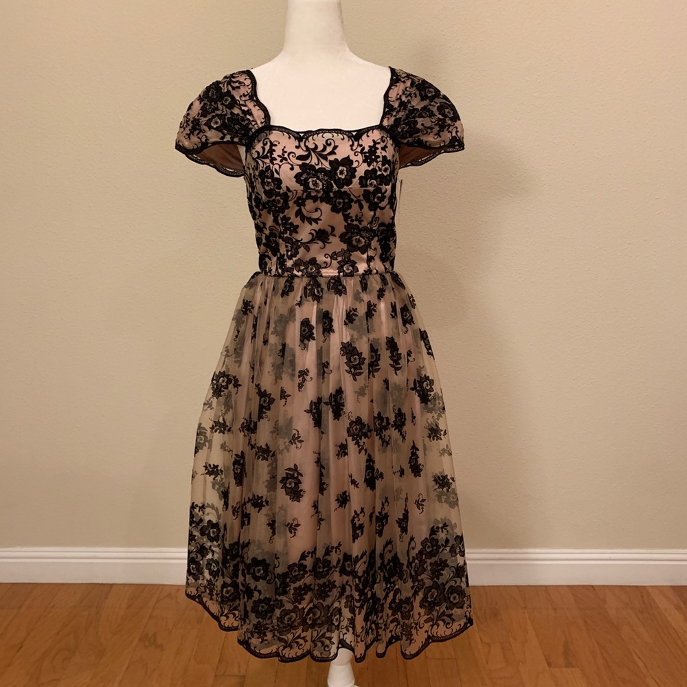 NWT H&M Champagne Tulle Black Appliqués Dress SZ 4